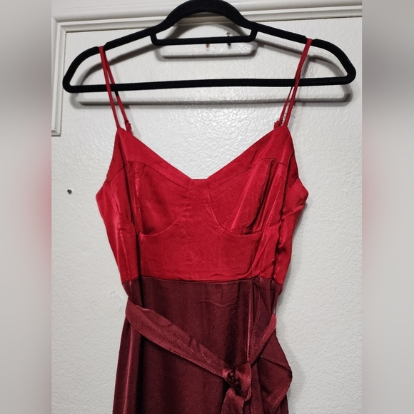 Lulus Double Darling Burgundy Color Block Satin Ruffled Maxi Dress S Wedding - Picture 8 of 12